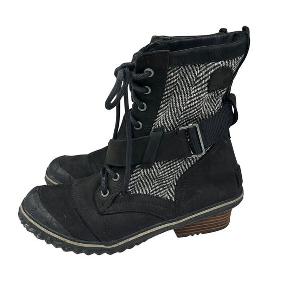 Sorel Slimboot Lace Herringbone Waterproof Boot Black Gray Stacked Heel Size 9 - Picture 2 of 12